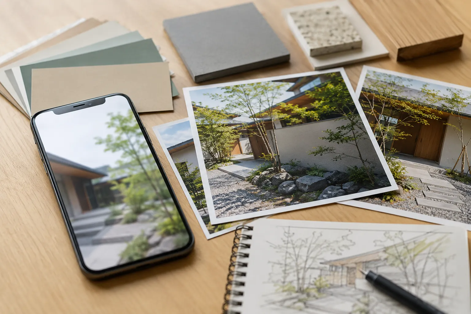 スマートフォンや写真を使って外構デザインのイメージを集めている様子