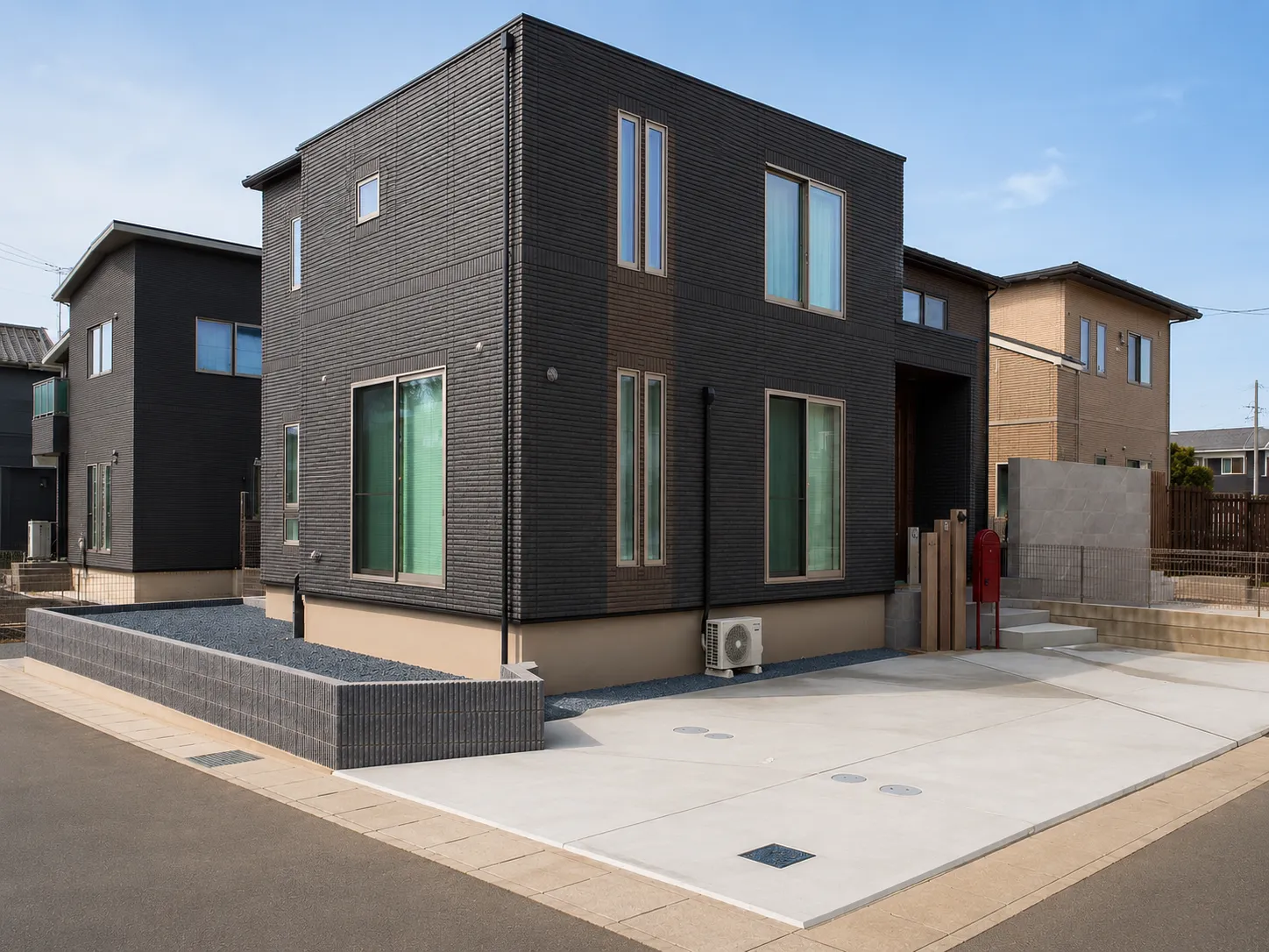印西市のシンプルモダン外構。広い駐車スペースと住宅全体のレイアウトが分かる施工写真。
