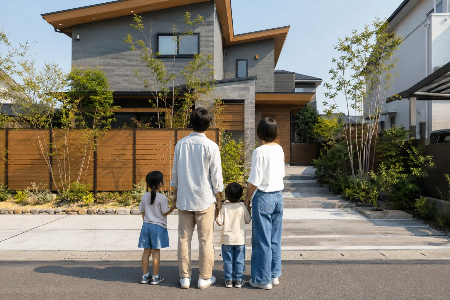 完成したシンプルモダンな新築外構を眺める家族の後ろ姿