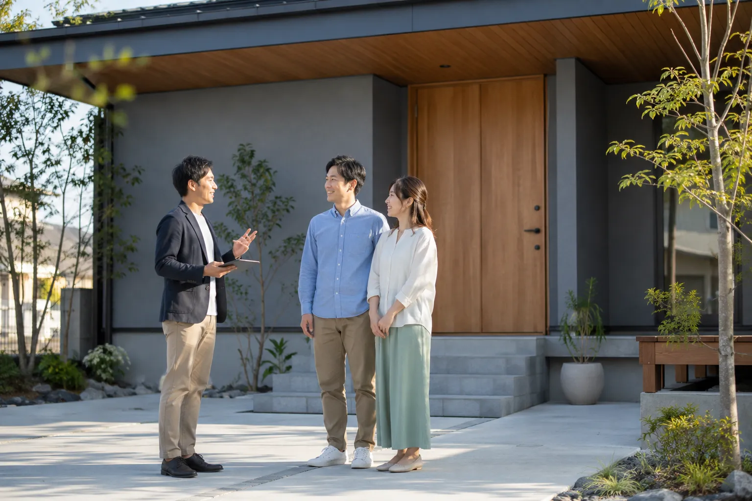 新築住宅の前で外構プランナーと相談する日本人夫婦
