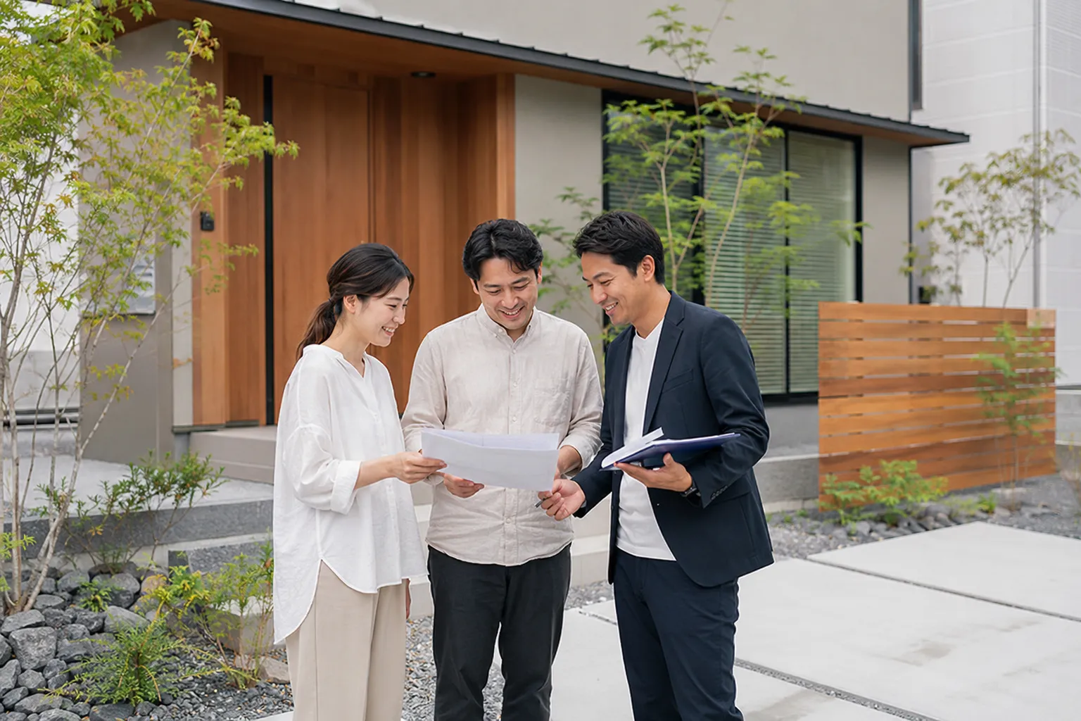 外構工事の見積もりやプランについて、外構プランナーと相談する日本人夫婦