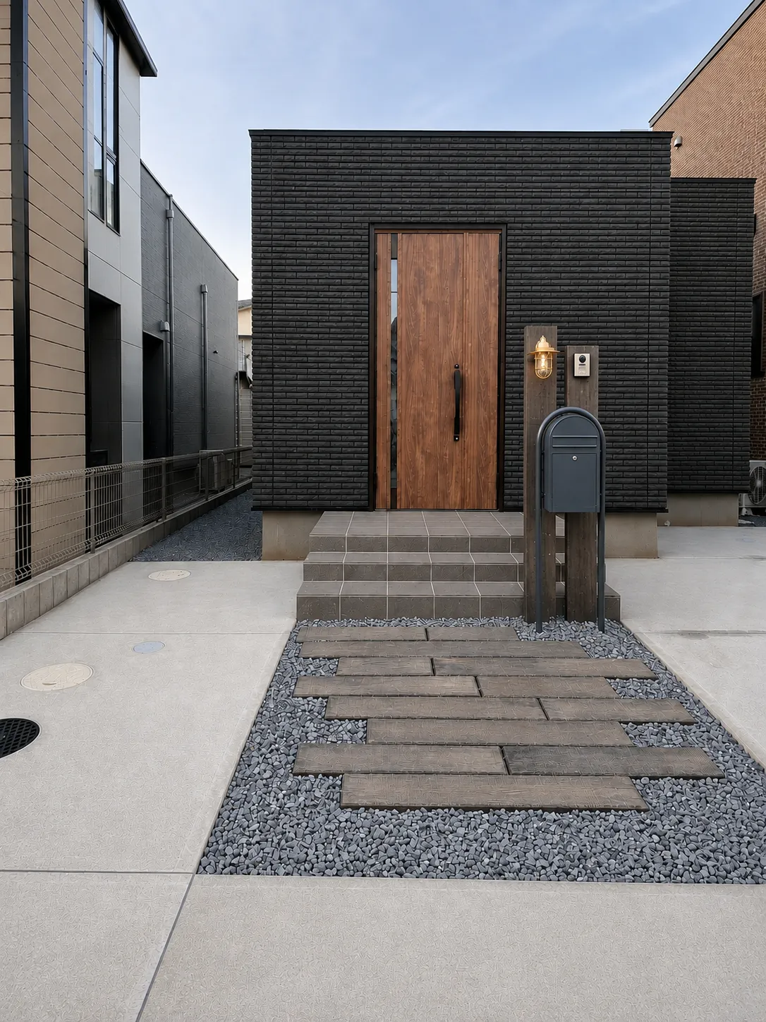 ブラックの建物と木目調アプローチ、グレーの砕石が調和する柏市のシンプルモダン外構