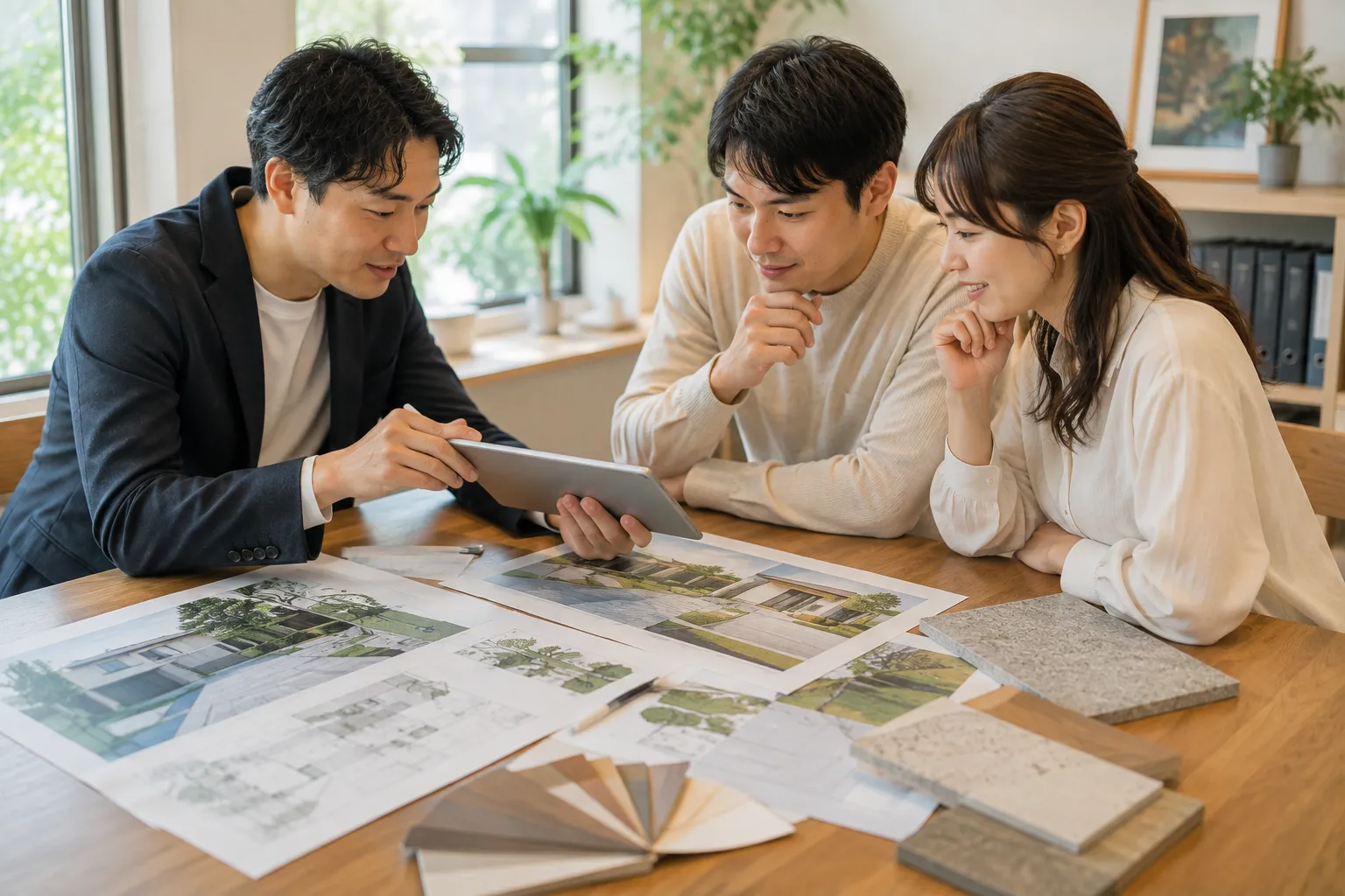 施工事例を比較しながら相談する夫婦