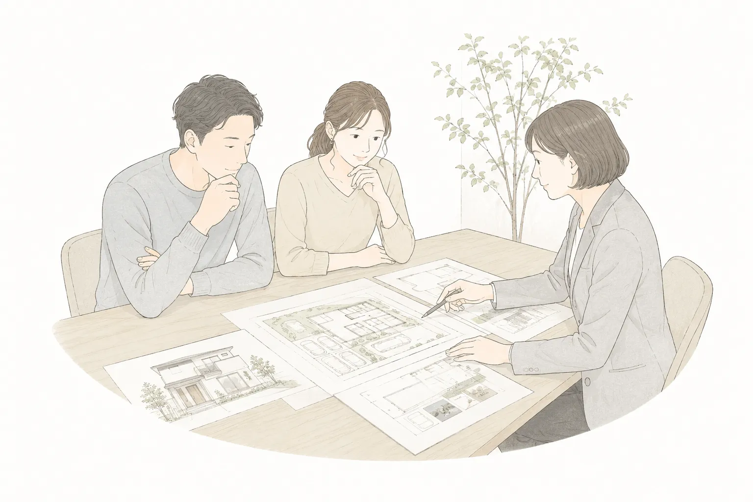 外構プランについて相談する家族と担当者のイラスト
