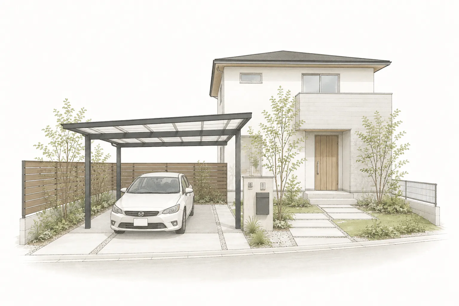 カーポートと目隠しフェンスを設置した住宅外構のイラスト